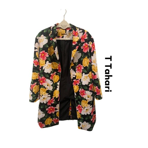 T Tahari Statement Blazer Small Spring Vibrant Floral‎ Print Vintage Retro - Picture 2 of 7